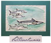 Ludwig Bemelmans Watercolor From Marina, Measuring 24 x 16.5 -- Featuring the Shark Who Swallows Marina & the Porpoises Who Save Her